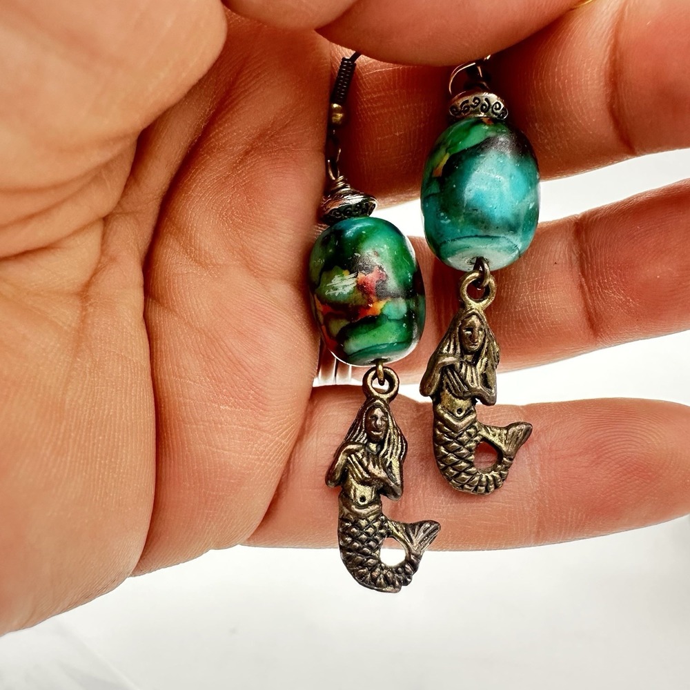 Vtg Art Glass Mermaid Earrings Dangle Drop Blue Green Bronze Art Nouveau Read